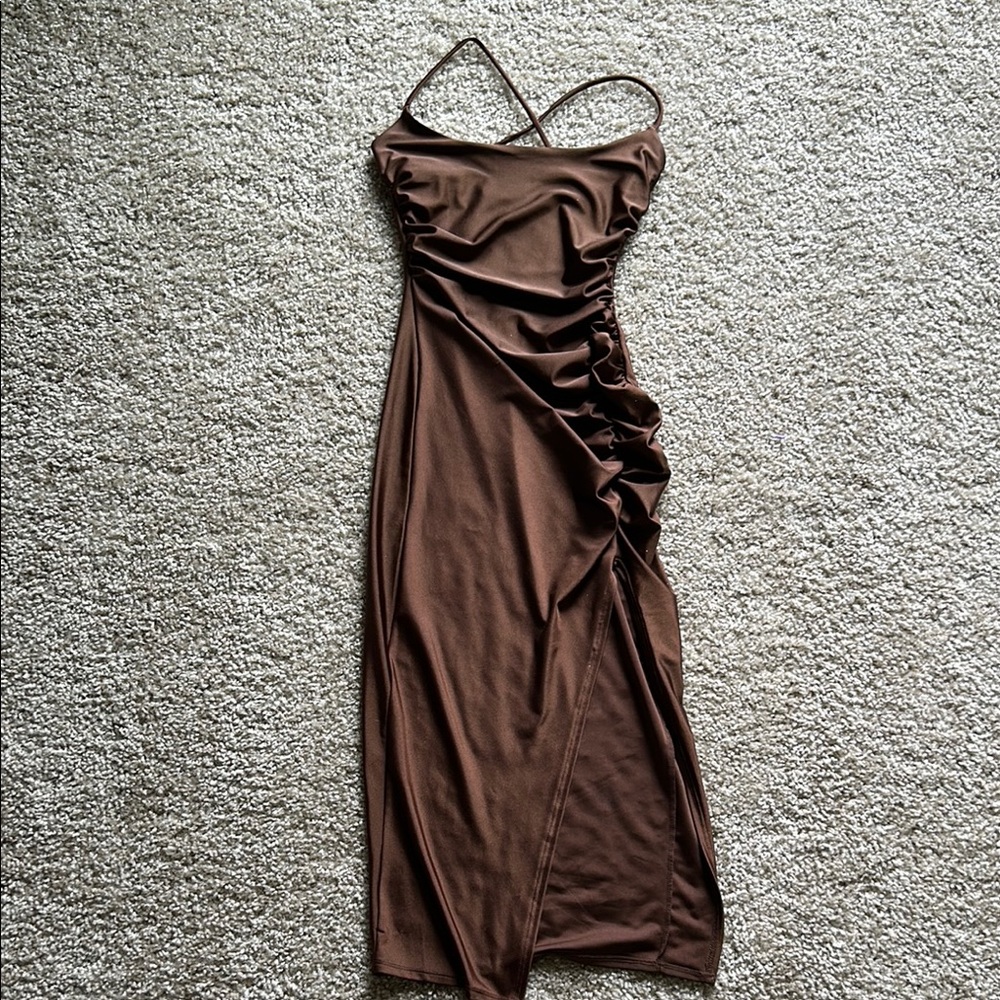 Elegant Brown Ruched Dress